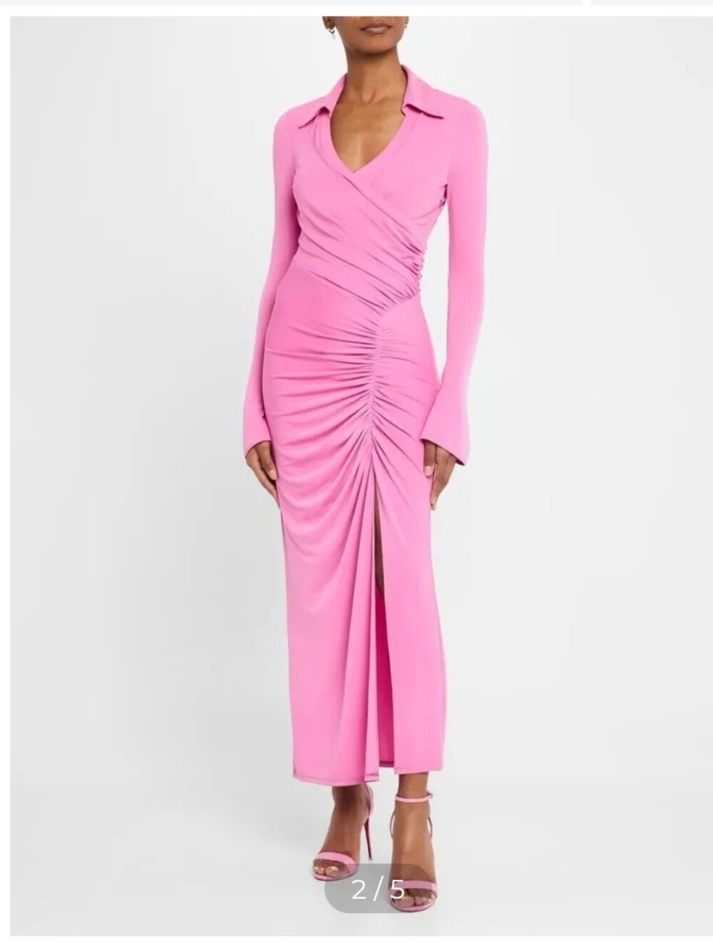 cinq a sept Fabia Pink Ruched Long-Sleeve Midi Dress with Collar